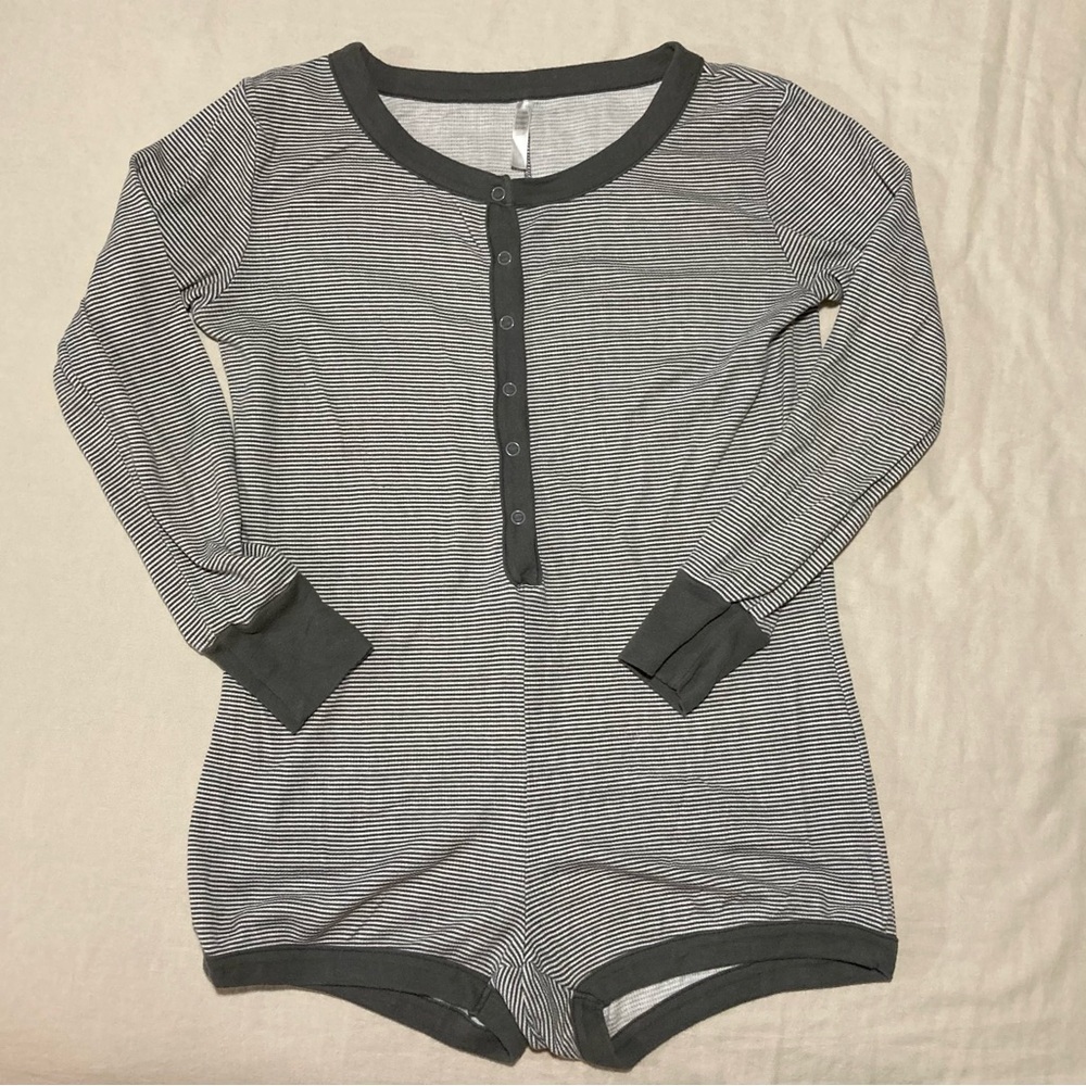 London Brand Striped Henley Style Romper with‎ Dark Grey Trim